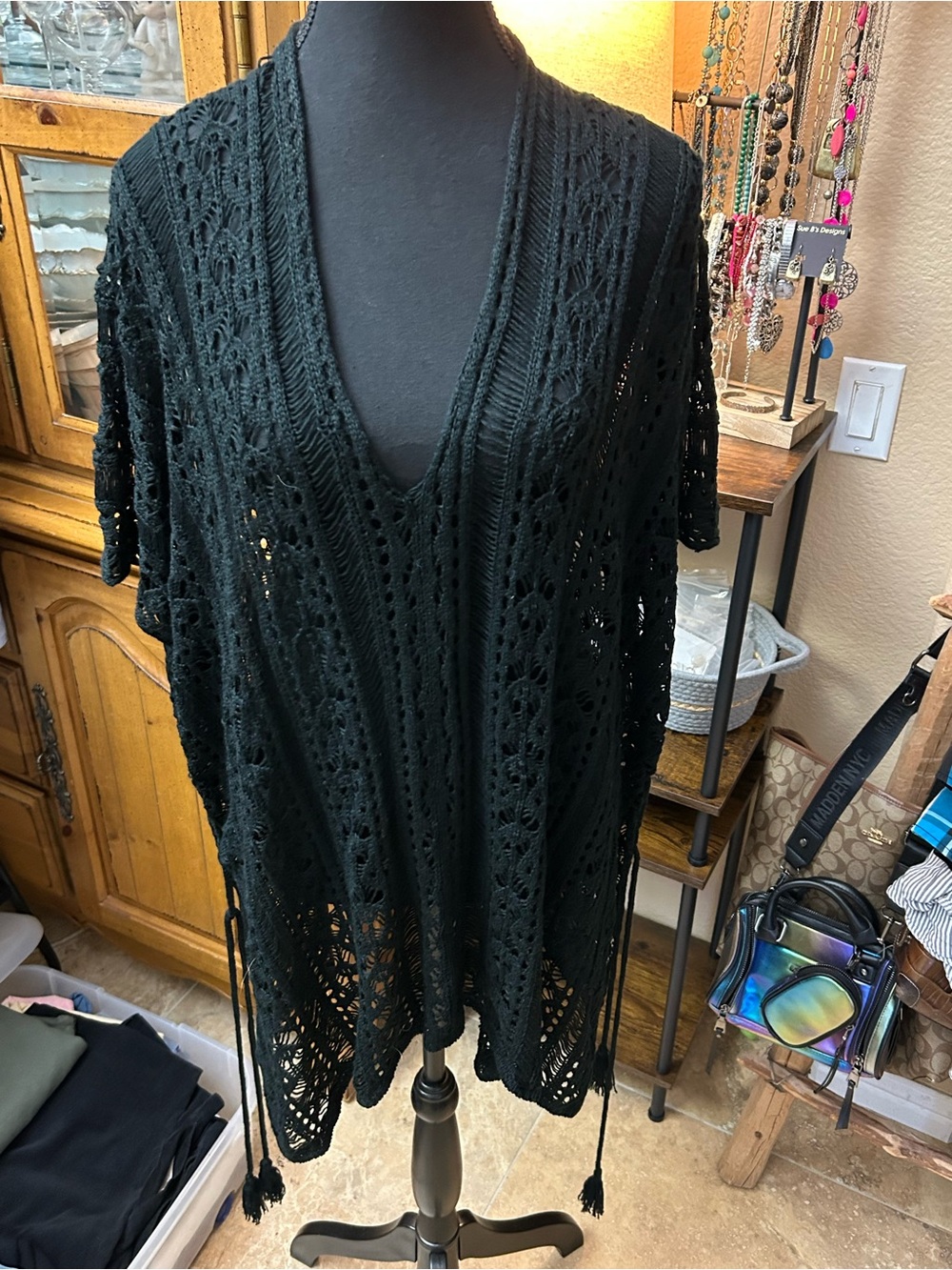 Black Crochet V-Neck Women's Sweater Tunic - Open Knit